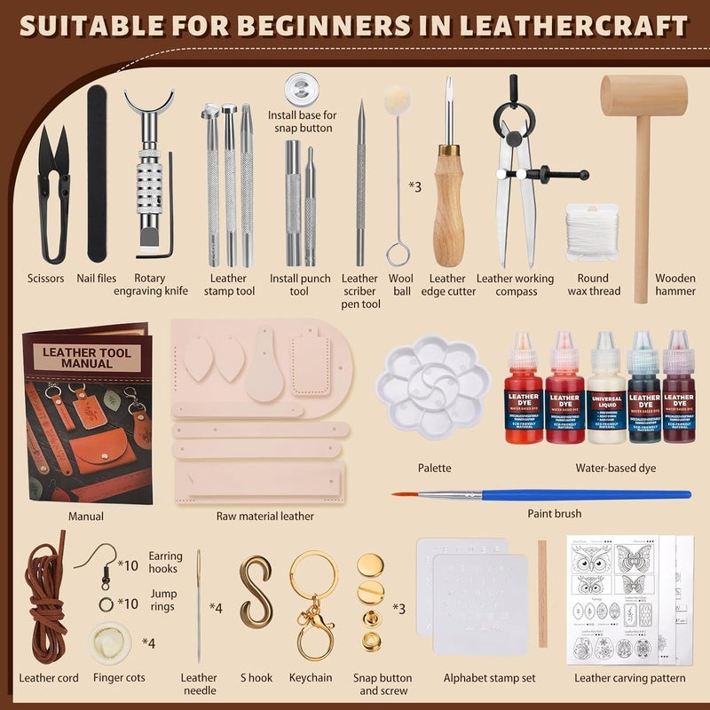 CBHGFEA Leather Crafting Kit: Leather Working Tools and Supplies for DIY Craft Beginners Stamping Dyeing Carving Sewing Edge Sealing with Video Tutorials for Earrings Wallet Keychain Wristband Bookmark - Image 2